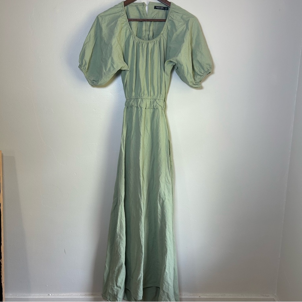 Nasty Gal Sage Green Puff Sleeve Maxi Dress Cutout Back Tie Waist